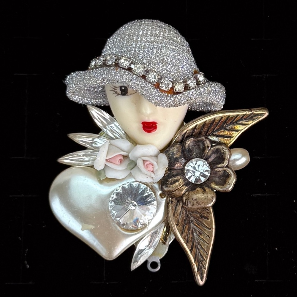 Vintage Lady Silvertone Goldtone Avant Garde Brooch with Floral Accents